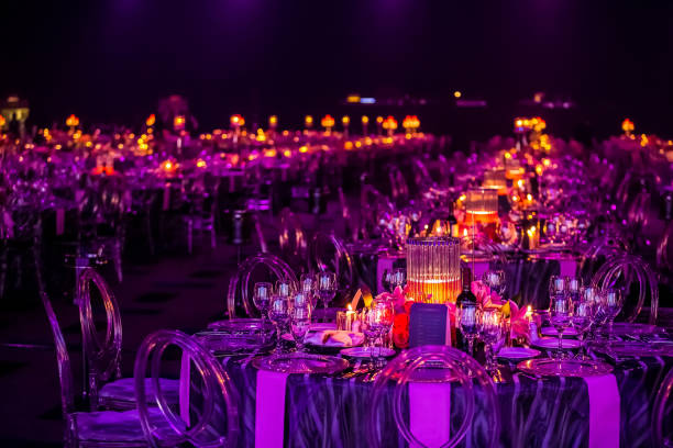 Purple And Red Decor With Candles And Lamps For Corporate Event Or Gala Dinner