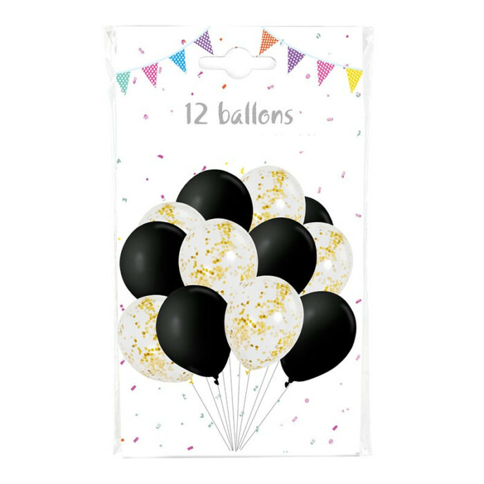 Festivitre 12 Ballons 6 Noirs 6 Confettis Or 1