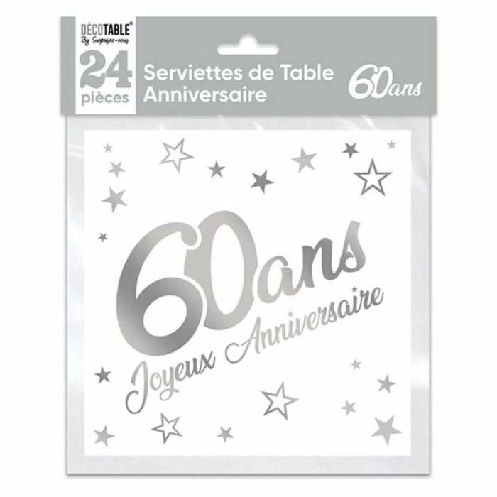 24 SERVIETTES EN PAPIER - ARGENT MÉTALLISÉ - 60 ANS