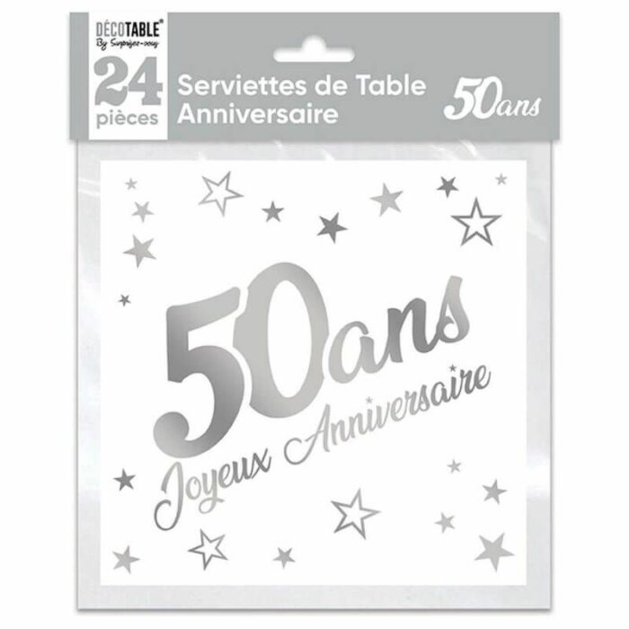 24 SERVIETTES EN PAPIER - ARGENT MÉTALLISÉ - 50 ANS