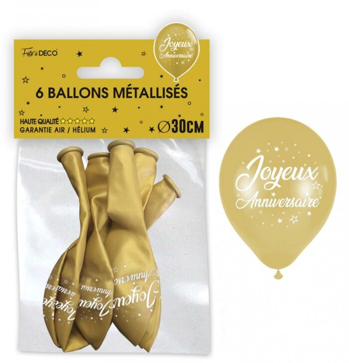 BALLONS METAL OR JOYEUX ANNIVERSAIRE PAR 6