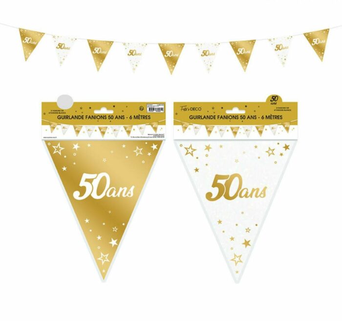 GUIRLANDE FANION 50 ANS METALLIQUE OR – 6M