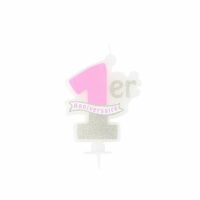 BOUGIE PREMIER ANNIVERSAIRE ROSE ET PAILLETTES OR 10X8CM + BOBECHE – Image 2