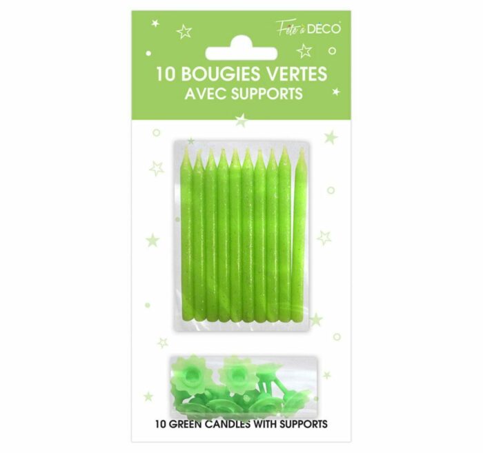 10 BOUGIES PAILLETEES VERT AVEC SUPPORTS