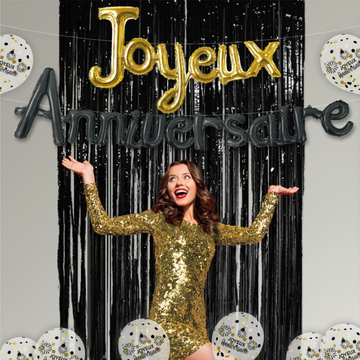 GUIRLANDE MOTS JOYEUX ANNIVERSAIRE OR ET NOIR HAPPY PARTY