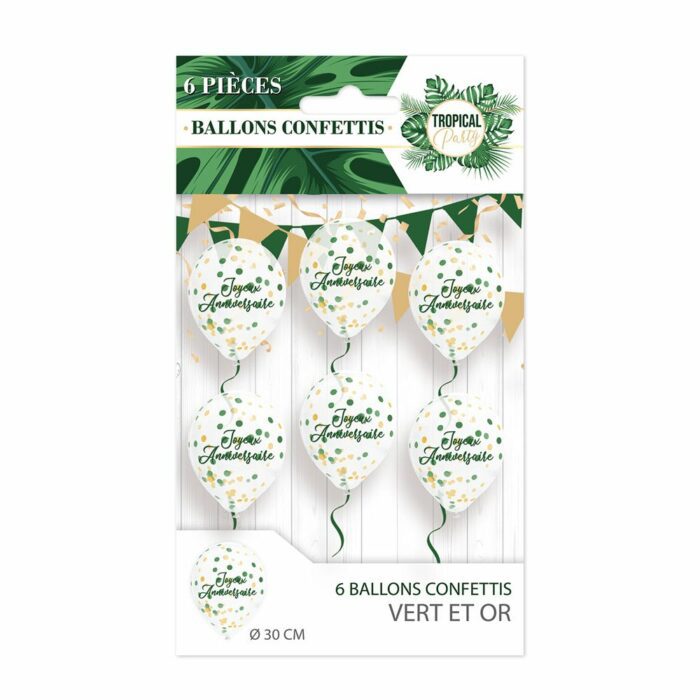 BALLON CONFETTIS PAR 6 VERT ET OR TROPICAL PARTY – Image 3