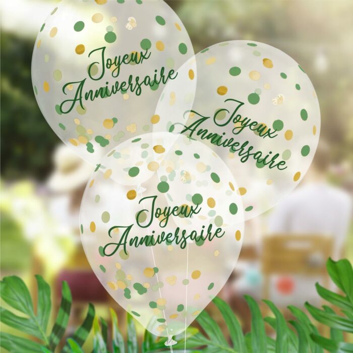 BALLON CONFETTIS PAR 6 VERT ET OR TROPICAL PARTY